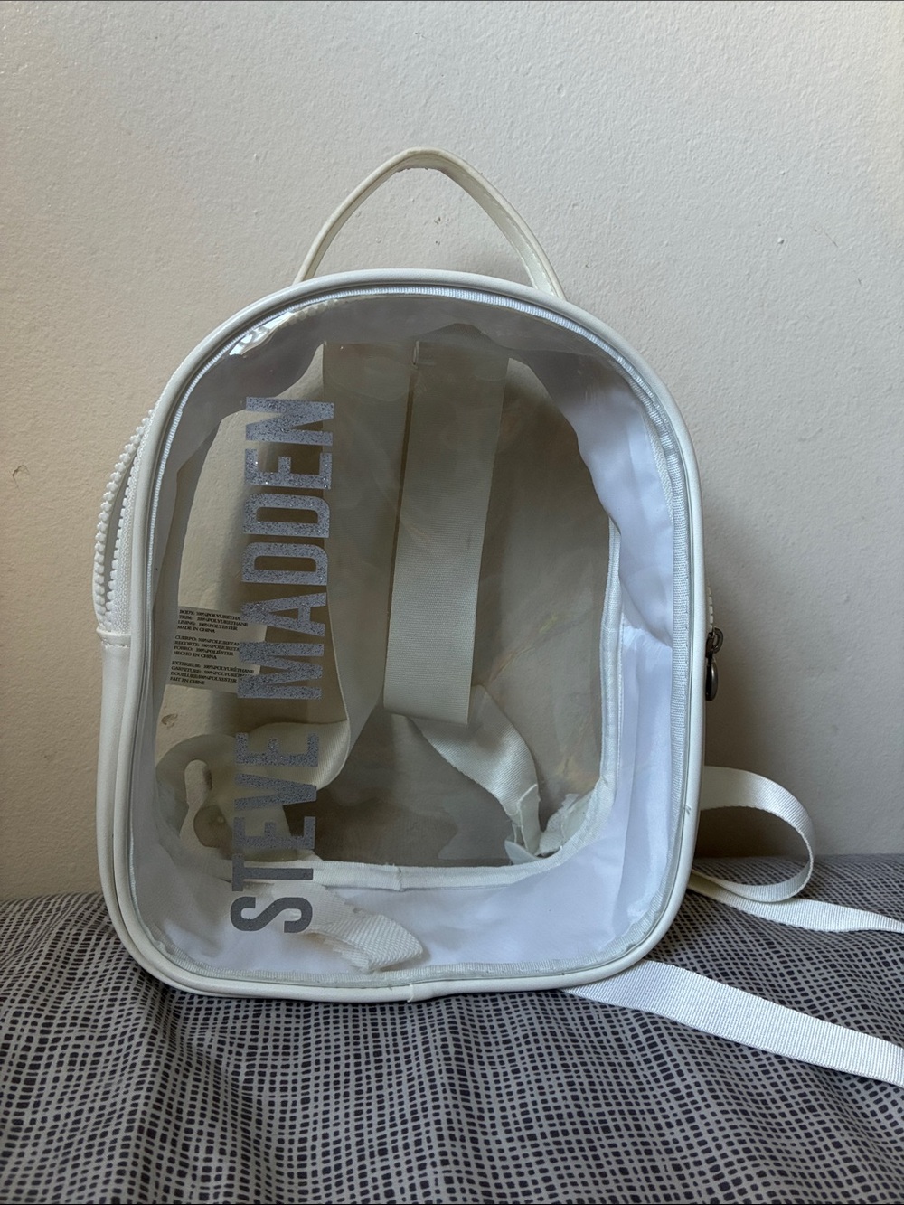 Steve Madden White Clear Mini Backpack with Silver Logo